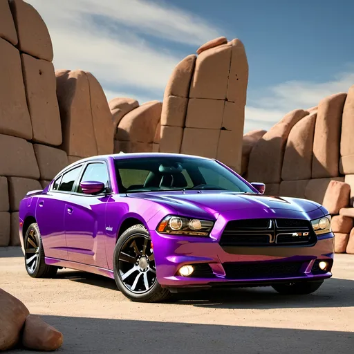 Prompt: (accurately spelled text "Stonecon"), Dodge Charger, company car, sleek and modern design, prominently featuring the Stonecon logo on the side, vibrant colors, and polished finish, scenic background of a stonemasonry site, atmospheric lighting highlighting the vehicle, ultra-detailed, inviting ambiance that conveys professionalism and strength, emphasizes stonemasonry tools in nearby surroundings.