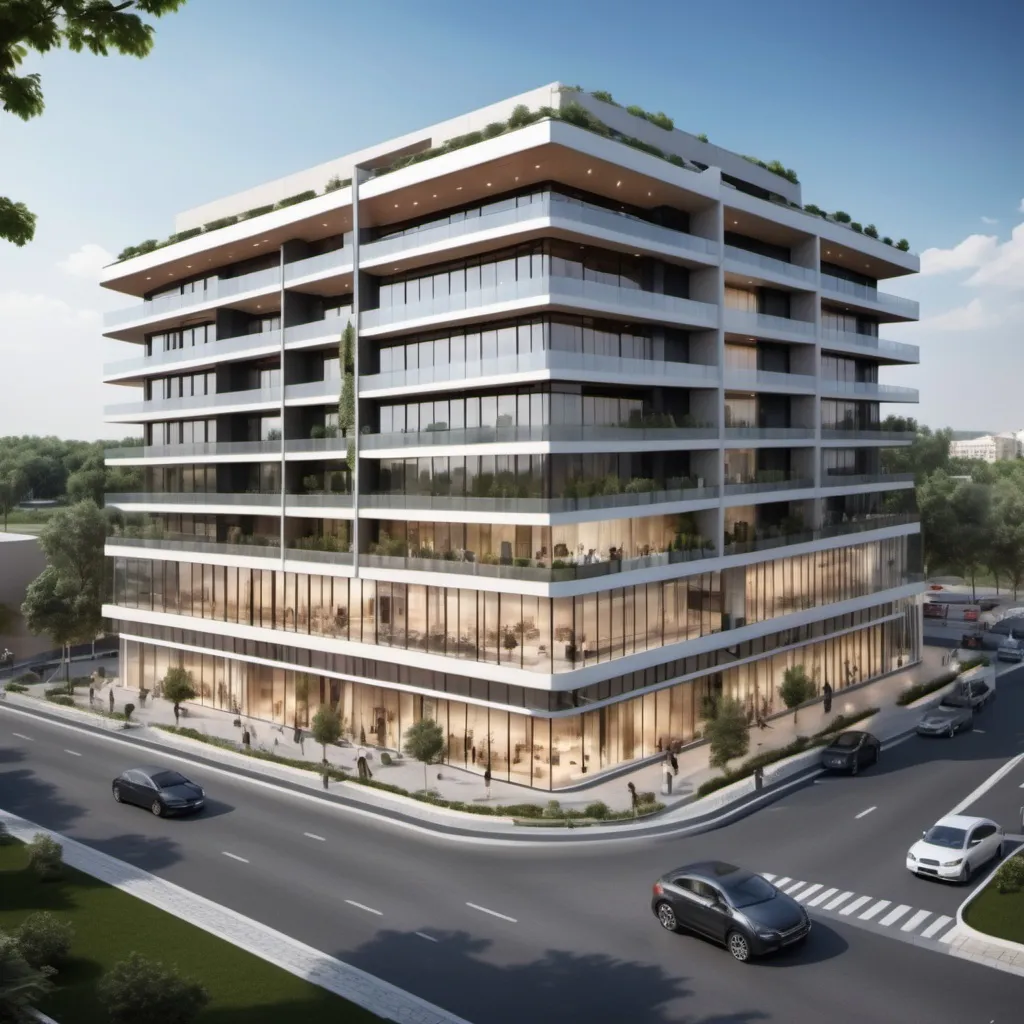 Prompt: A modern commercial center of 20 boutiques, 10 offices, 4 luxurious apartments, on a 5 store building on the banks of the Sanaga River at Edea downtown
