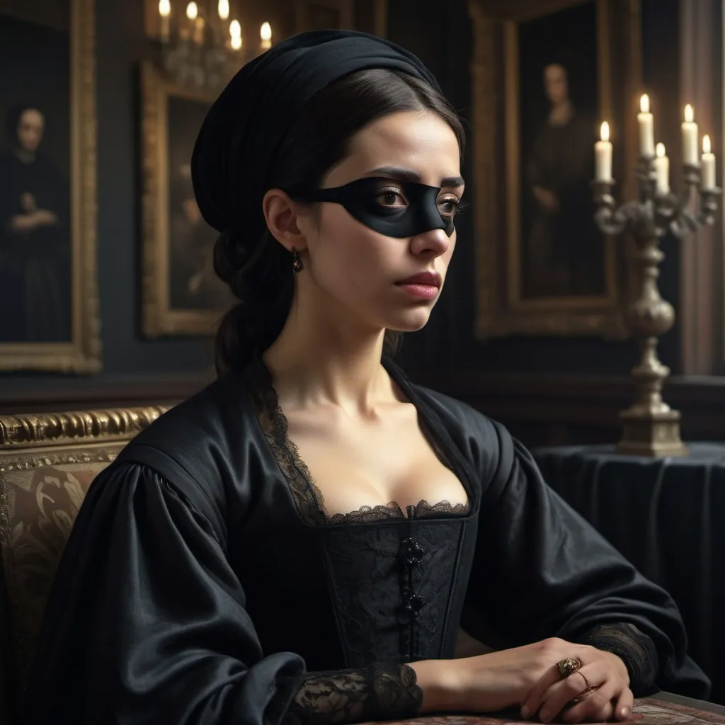 Prompt: "Ana de Mendoza,  with a distinctive eye patch symbolizing her indomitable spirit, as a grieving widow in sophisticated 16th-century Spanish mourning attire, sitting in a somber palace chamber, with shadows and muted colors reflecting her melancholy, background featuring luxurious but somber interior elements, capturing a reflective and emotional atmosphere, hyper-realistic, photo realism, cinematography --ar 9:16"