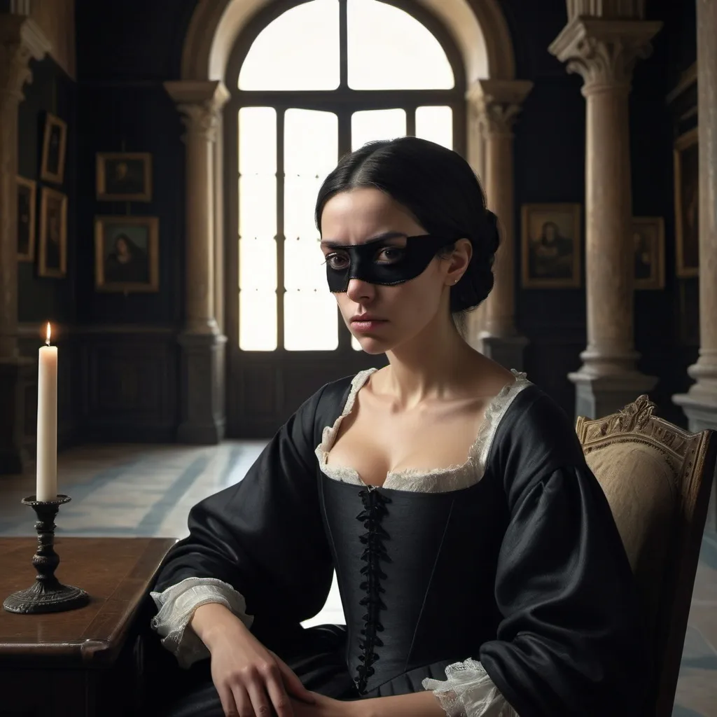 Prompt: "Ana de Mendoza,  with a distinctive eye patch symbolizing her indomitable spirit, as a grieving widow in sophisticated 16th-century Spanish mourning attire, sitting in a somber palace chamber, with shadows and muted colors reflecting her melancholy, background featuring luxurious but somber interior elements, capturing a reflective and emotional atmosphere, hyper-realistic, photo realism, cinematography --ar 9:16"