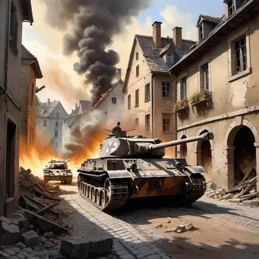 Prompt: /imagine prompt: A captivating visual of a Panzer IV tank advancing through a war-torn European village during World War II, with crumbling buildings and debris scattered across the cobblestone streets, smoke billowing from distant explosions, emphasizing the ruggedness and versatility of the Panzer IV, soldiers in the background providing cover, tension and anticipation in the air, Artwork, oil painting with rich textures and dramatic lighting to capture the intensity of the moment, --ar 16:9 --v 5