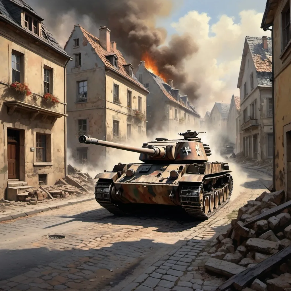 Prompt: /imagine prompt: A captivating visual of a Panzer IV tank advancing through a war-torn European village during World War II, with crumbling buildings and debris scattered across the cobblestone streets, smoke billowing from distant explosions, emphasizing the ruggedness and versatility of the Panzer IV, soldiers in the background providing cover, tension and anticipation in the air, Artwork, oil painting with rich textures and dramatic lighting to capture the intensity of the moment, --ar 16:9 --v 5