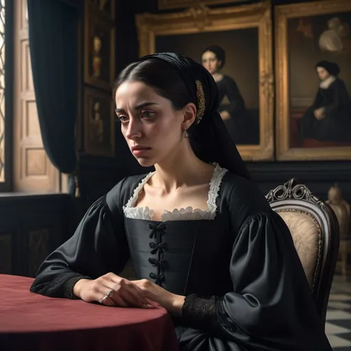 Prompt: "Ana de Mendoza,  with a distinctive eye patch on her right eye symbolizing her indomitable spirit, as a grieving widow in sophisticated 16th-century Spanish mourning attire, sitting in a somber palace chamber, with shadows and muted colors reflecting her melancholy, background featuring luxurious but somber interior elements, capturing a reflective and emotional atmosphere, hyper-realistic, photo realism, cinematography --ar 9:16"