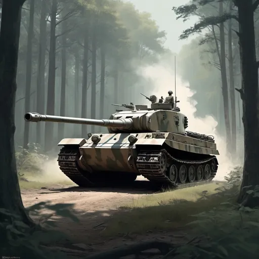 Prompt: /imagine prompt: A dramatic scene featuring a Tiger I tank stationed in a dense forest, its massive cannon aimed towards an unseen target, sunlight filtering through the trees casting shadows on the tank's thick armor, highlighting its formidable presence and advanced technology, soldiers communicating with hand signals, creating an atmosphere of stealth and alertness, Illustration, digital art using a muted color palette to emphasize realism and the somber mood of warfare, --ar 16:9 --v 5moment, --ar 16:9 --v 5