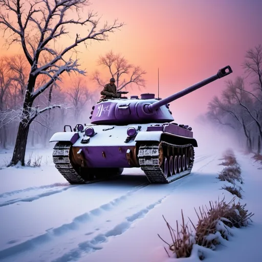 Prompt: /imagine prompt: A vivid portrayal of a Panzer tank battalion crossing a snow-covered battlefield at dawn, the sky painted with hues of orange and purple, snow kicking up from the tank treads, a sense of cold determination and resilience, frost-covered branches in the foreground, capturing the harshness of the Eastern Front, Realistic photography, shot with a Canon EOS R5 and a 70-200mm lens at f/2.8 to focus on the tanks while blurring the background, --ar 16:9 --v 5