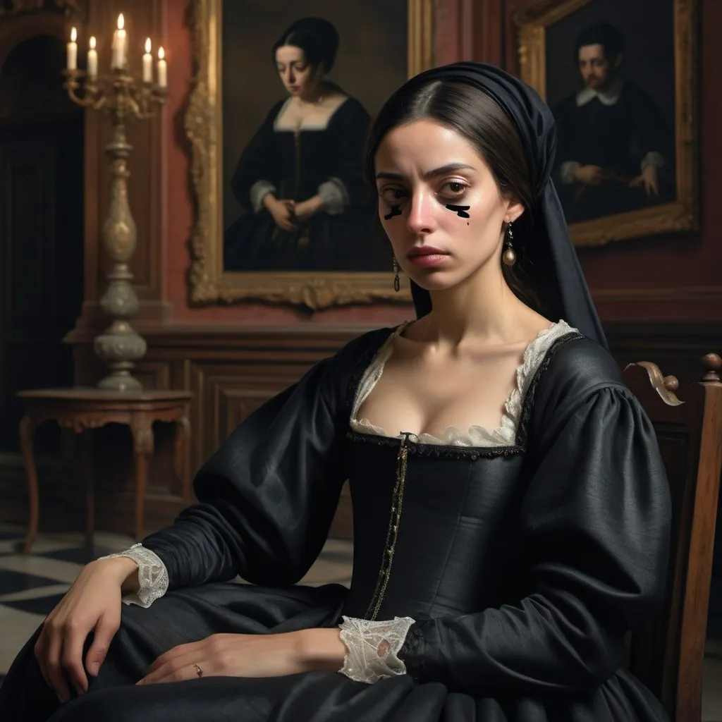 Prompt: "Ana de Mendoza,  with a distinctive eye patch symbolizing her indomitable spirit, as a grieving widow in sophisticated 16th-century Spanish mourning attire, sitting in a somber palace chamber, with shadows and muted colors reflecting her melancholy, background featuring luxurious but somber interior elements, capturing a reflective and emotional atmosphere, hyper-realistic, photo realism, cinematography --ar 9:16"