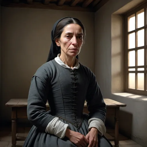 Prompt: Ana de Mendoza, a tragic figure in her final years about 1592, frail and contemplative, in a sparsely furnished room with minimal decoration, wearing plain attire suited for imprisonment, with the cold and stark atmosphere of her confinement clearly evident in the background, hyper-realistic, photo realism, cinematography --ar 9:16"