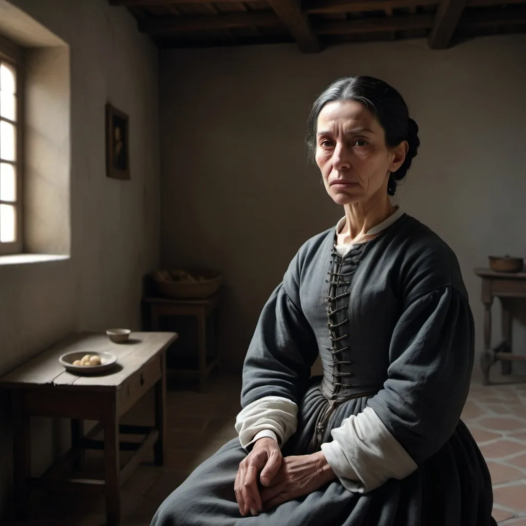 Prompt: Ana de Mendoza, a tragic figure in her final years about 1592, frail and contemplative, in a sparsely furnished room with minimal decoration, wearing plain attire suited for imprisonment, with the cold and stark atmosphere of her confinement clearly evident in the background, hyper-realistic, photo realism, cinematography --ar 9:16"