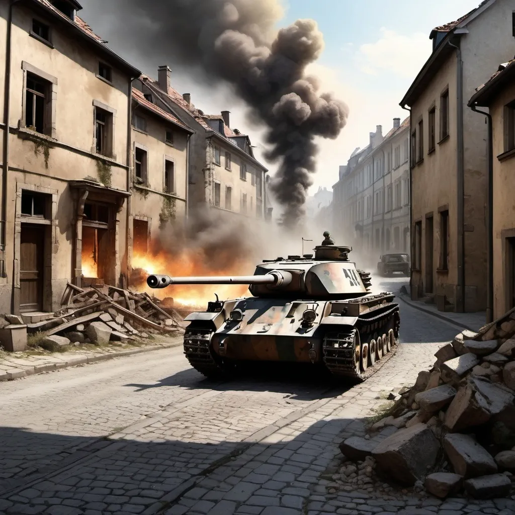 Prompt: /imagine prompt: A captivating visual of a Panzer IV tank advancing through a war-torn European village during World War II, with crumbling buildings and debris scattered across the cobblestone streets, smoke billowing from distant explosions, emphasizing the ruggedness and versatility of the Panzer IV, soldiers in the background providing cover, tension and anticipation in the air, Artwork, oil painting with rich textures and dramatic lighting to capture the intensity of the moment, --ar 16:9 --v 5