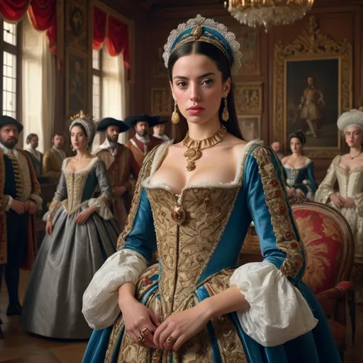 Prompt: "Ana de Mendoza, a striking woman with a distinctive eye patch symbolizing her indomitable spirit, dressed in elegant 16th-century Spanish noble attire, in a richly decorated court environment, surrounded by opulent furnishings and courtiers, capturing a moment of grandeur and influence, hyper-realistic, photo realism, cinematography --ar 9:16"