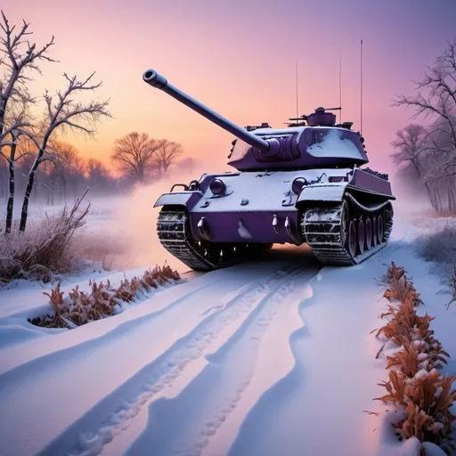 Prompt: /imagine prompt: A vivid portrayal of a Panzer tank battalion crossing a snow-covered battlefield at dawn, the sky painted with hues of orange and purple, snow kicking up from the tank treads, a sense of cold determination and resilience, frost-covered branches in the foreground, capturing the harshness of the Eastern Front, Realistic photography, shot with a Canon EOS R5 and a 70-200mm lens at f/2.8 to focus on the tanks while blurring the background, --ar 16:9 --v 5