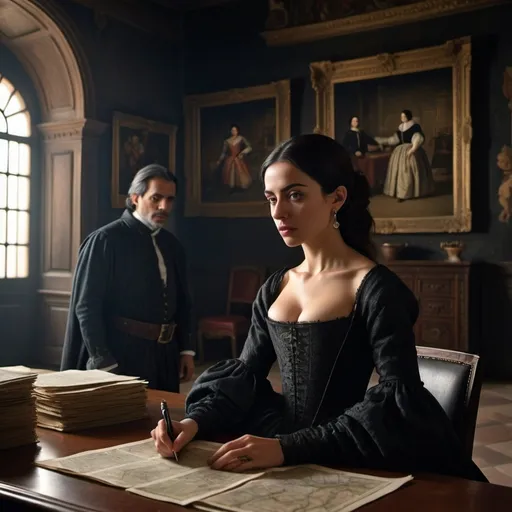 Prompt: "Ana de Mendoza, a woman with an eye patch on her right eye, involved in clandestine political intrigue, meeting with Antonio Pérez in a dimly lit room filled with documents and maps, dressed in subtle, dark attire, conveying secrecy and tension, with a backdrop of the shadowy, sophisticated interior of a 16th-century Spanish palace, hyper-realistic, photo realism, cinematography --ar 9:16"