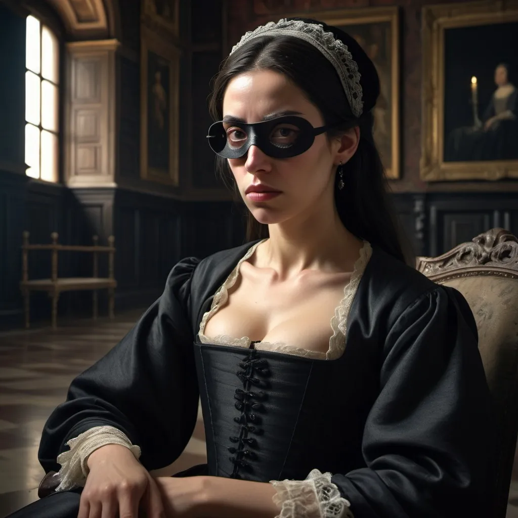 Prompt: "Ana de Mendoza,  with a distinctive eye patch on her right eye symbolizing her indomitable spirit, as a grieving widow in sophisticated 16th-century Spanish mourning attire, sitting in a somber palace chamber, with shadows and muted colors reflecting her melancholy, background featuring luxurious but somber interior elements, capturing a reflective and emotional atmosphere, hyper-realistic, photo realism, cinematography --ar 9:16"