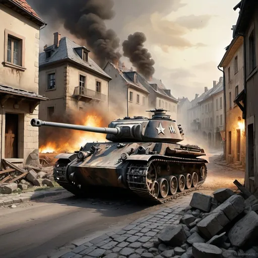 Prompt: /imagine prompt: A captivating visual of a Panzer IV tank advancing through a war-torn European village during World War II, with crumbling buildings and debris scattered across the cobblestone streets, smoke billowing from distant explosions, emphasizing the ruggedness and versatility of the Panzer IV, soldiers in the background providing cover, tension and anticipation in the air, Artwork, oil painting with rich textures and dramatic lighting to capture the intensity of the moment, --ar 16:9 --v 5