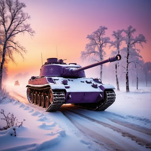 Prompt: /imagine prompt: A vivid portrayal of a Panzer tank battalion crossing a snow-covered battlefield at dawn, the sky painted with hues of orange and purple, snow kicking up from the tank treads, a sense of cold determination and resilience, frost-covered branches in the foreground, capturing the harshness of the Eastern Front, Realistic photography, shot with a Canon EOS R5 and a 70-200mm lens at f/2.8 to focus on the tanks while blurring the background, --ar 16:9 --v 5