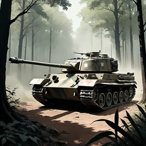 Prompt: /imagine prompt: A dramatic scene featuring a Tiger I tank stationed in a dense forest, its massive cannon aimed towards an unseen target, sunlight filtering through the trees casting shadows on the tank's thick armor, highlighting its formidable presence and advanced technology, soldiers communicating with hand signals, creating an atmosphere of stealth and alertness, Illustration, digital art using a muted color palette to emphasize realism and the somber mood of warfare, --ar 16:9 --v 5moment, --ar 16:9 --v 5