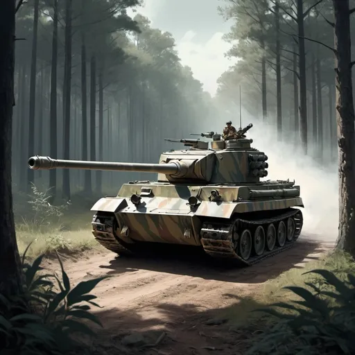 Prompt: /imagine prompt: A dramatic scene featuring a Tiger I tank stationed in a dense forest, its massive cannon aimed towards an unseen target, sunlight filtering through the trees casting shadows on the tank's thick armor, highlighting its formidable presence and advanced technology, soldiers communicating with hand signals, creating an atmosphere of stealth and alertness, Illustration, digital art using a muted color palette to emphasize realism and the somber mood of warfare, --ar 16:9 --v 5moment, --ar 16:9 --v 5