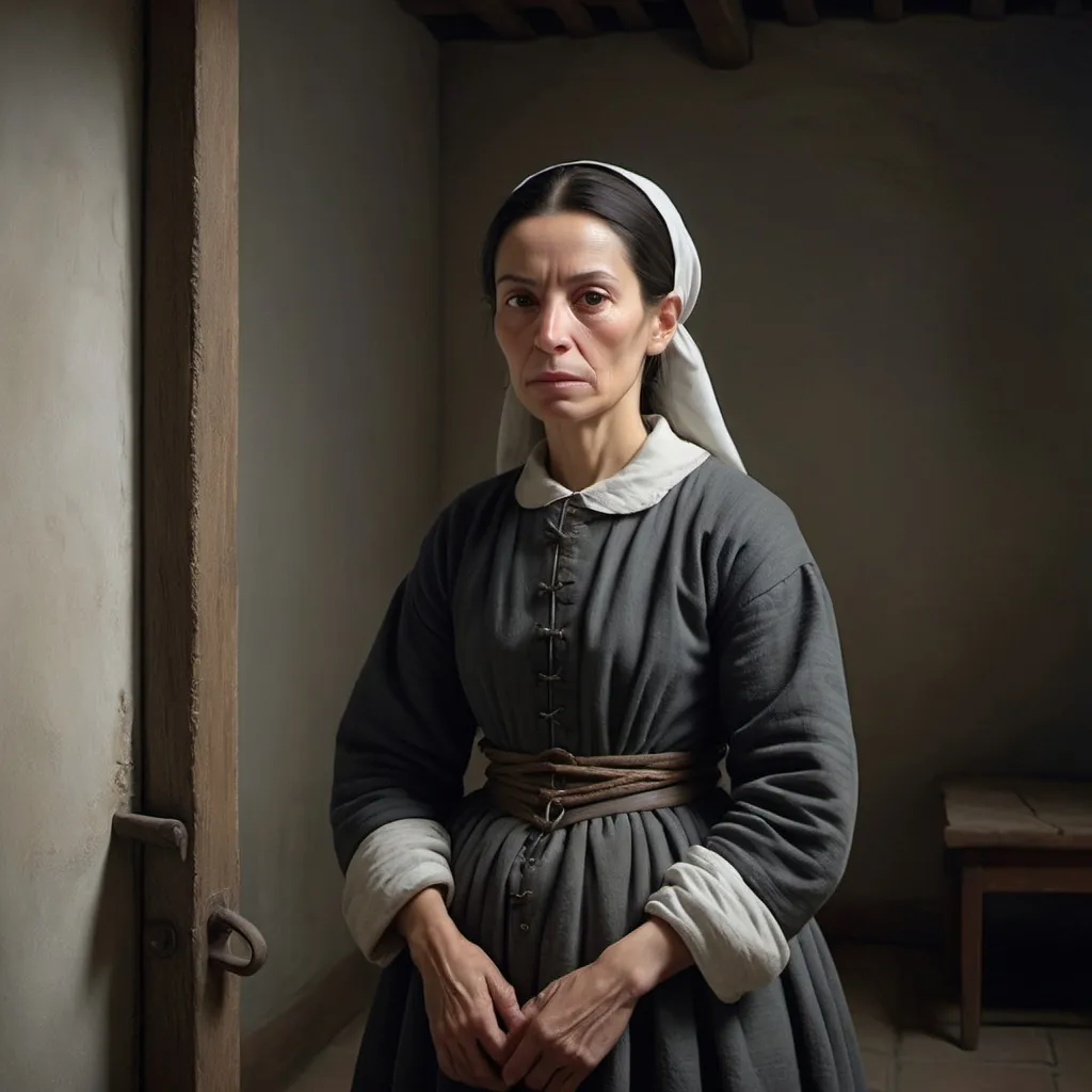 Prompt: Ana de Mendoza, a tragic figure in her final years about 1592, frail and contemplative, in a sparsely furnished room with minimal decoration, wearing plain attire suited for imprisonment, with the cold and stark atmosphere of her confinement clearly evident in the background, hyper-realistic, photo realism, cinematography --ar 9:16"