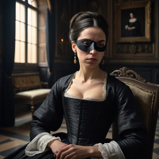 Prompt: "Ana de Mendoza,  with a distinctive eye patch symbolizing her indomitable spirit, as a grieving widow in sophisticated 16th-century Spanish mourning attire, sitting in a somber palace chamber, with shadows and muted colors reflecting her melancholy, background featuring luxurious but somber interior elements, capturing a reflective and emotional atmosphere, hyper-realistic, photo realism, cinematography --ar 9:16"