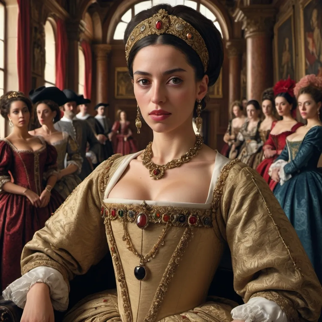 Prompt: "Ana de Mendoza, a striking woman with a distinctive eye patch symbolizing her indomitable spirit, dressed in elegant 16th-century Spanish noble attire, in a richly decorated court environment, surrounded by opulent furnishings and courtiers, capturing a moment of grandeur and influence, hyper-realistic, photo realism, cinematography --ar 9:16"