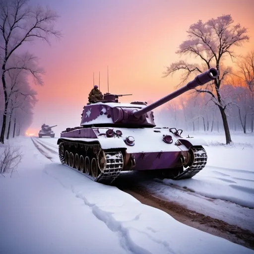 Prompt: /imagine prompt: A vivid portrayal of a Panzer tank battalion crossing a snow-covered battlefield at dawn, the sky painted with hues of orange and purple, snow kicking up from the tank treads, a sense of cold determination and resilience, frost-covered branches in the foreground, capturing the harshness of the Eastern Front, Realistic photography, shot with a Canon EOS R5 and a 70-200mm lens at f/2.8 to focus on the tanks while blurring the background, --ar 16:9 --v 5