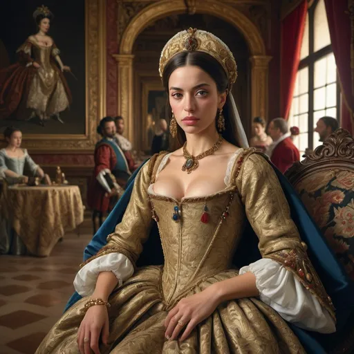 Prompt: "Ana de Mendoza, a striking woman with a distinctive eye patch symbolizing her indomitable spirit, dressed in elegant 16th-century Spanish noble attire, in a richly decorated court environment, surrounded by opulent furnishings and courtiers, capturing a moment of grandeur and influence, hyper-realistic, photo realism, cinematography --ar 9:16"