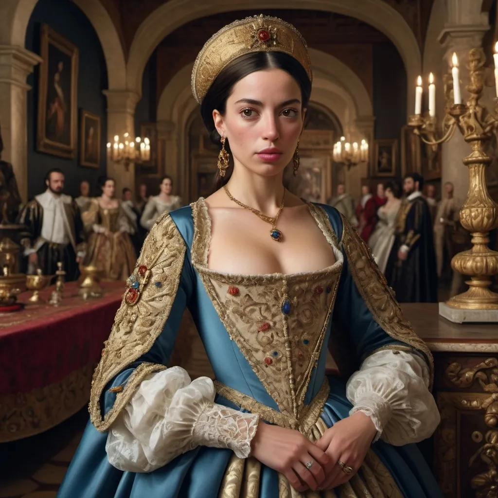 Prompt: "Ana de Mendoza, a striking woman with a distinctive eye patch symbolizing her indomitable spirit, dressed in elegant 16th-century Spanish noble attire, in a richly decorated court environment, surrounded by opulent furnishings and courtiers, capturing a moment of grandeur and influence, hyper-realistic, photo realism, cinematography --ar 9:16"