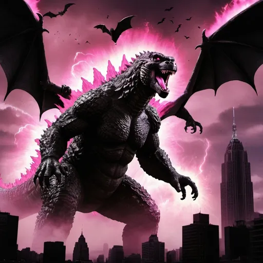 Prompt: godzilla with pink aura around him with bats flying around him in a dark movie set and him killing king kong