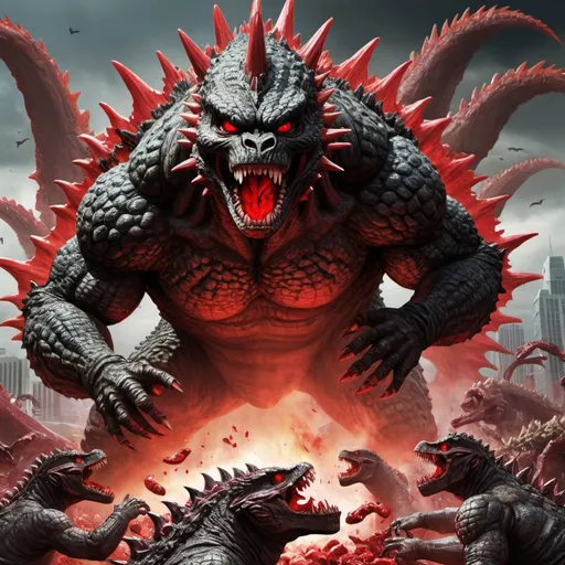 Prompt: godzilla killing hordes of skull crawlers eating meat from a dead body and have red beams coming ot of his mouth and spikes 