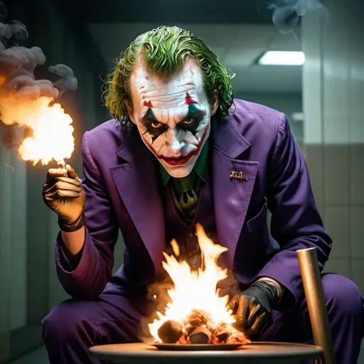 Prompt: joker killing a nurse then lighting the nurse on fire with gasoline then blowing up the place with c4 and smoking a vape