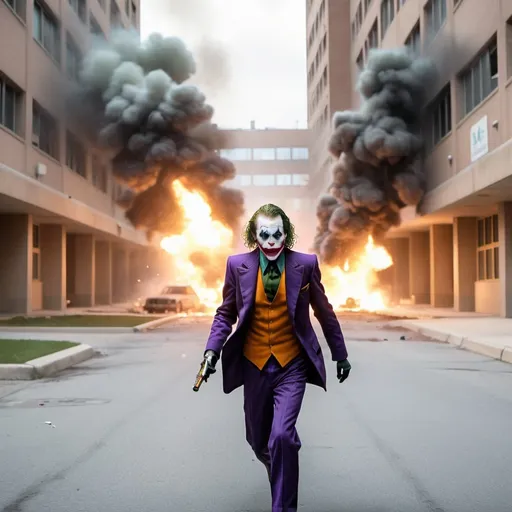 Prompt: joker blowing up a hospital with c4 and running away from the police 