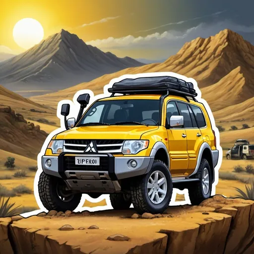 Prompt: Offroad 4x4 journey sticker featuring a Mitsubishi Pajero King 2005 in dramatic pose, Israeli landscape backdrop, camping gear on roof, metal bumper with yellow headlights, rugged terrain, dusty atmosphere, high quality, rugged illustration, detailed car design, vibrant colors, dramatic lighting, 4x4 journey, offroad adventure, Israeli landscape, dramatic pose, camping gear, metal bumper, yellow headlights, rugged, dusty, high quality, detailed illustration, vibrant colors, dramatic lighting