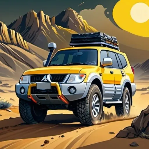 Prompt: Offroad 4x4 journey sticker featuring a short Mitsubishi Pajero King 2005 in dramatic pose, Israeli landscape backdrop, tent on the roof, metal bumper with yellow headlights, rugged terrain, dusty atmosphere, high quality, rugged illustration, detailed car design, vibrant colors, dramatic lighting, 4x4 journey, offroad adventure, Israeli landscape, dramatic pose, camping gear, metal bumper in front with Electric Winch
, yellow headlights, rugged, dusty, high quality, detailed illustration, vibrant colors, dramatic lighting