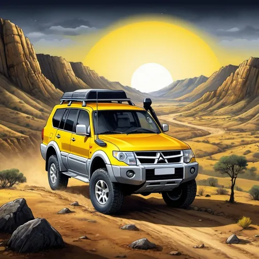Prompt: Offroad 4x4 journey sticker featuring a Mitsubishi Pajero King 2005 in dramatic pose, Israeli landscape backdrop, camping gear on roof, metal bumper with yellow headlights, rugged terrain, dusty atmosphere, high quality, rugged illustration, detailed car design, vibrant colors, dramatic lighting, 4x4 journey, offroad adventure, Israeli landscape, dramatic pose, camping gear, metal bumper, yellow headlights, rugged, dusty, high quality, detailed illustration, vibrant colors, dramatic lighting