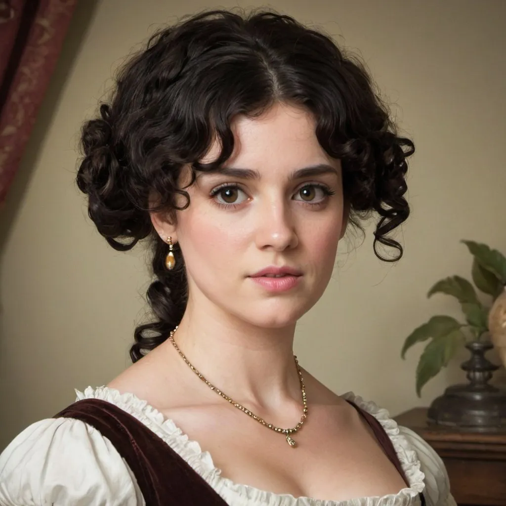 Prompt: A regency woman with curly black hair and brown eyes 