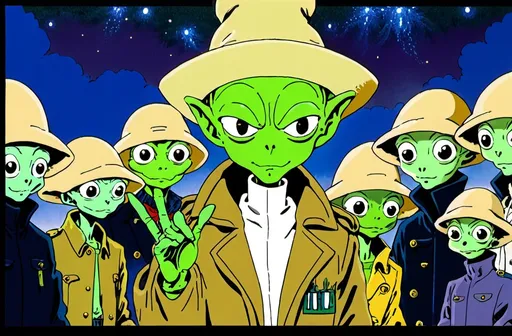 Prompt: 1990s anime screencap, a group of small green aliens stacked in a trenchcoat, giving blooming marijuana to a group of dumb humans. 
