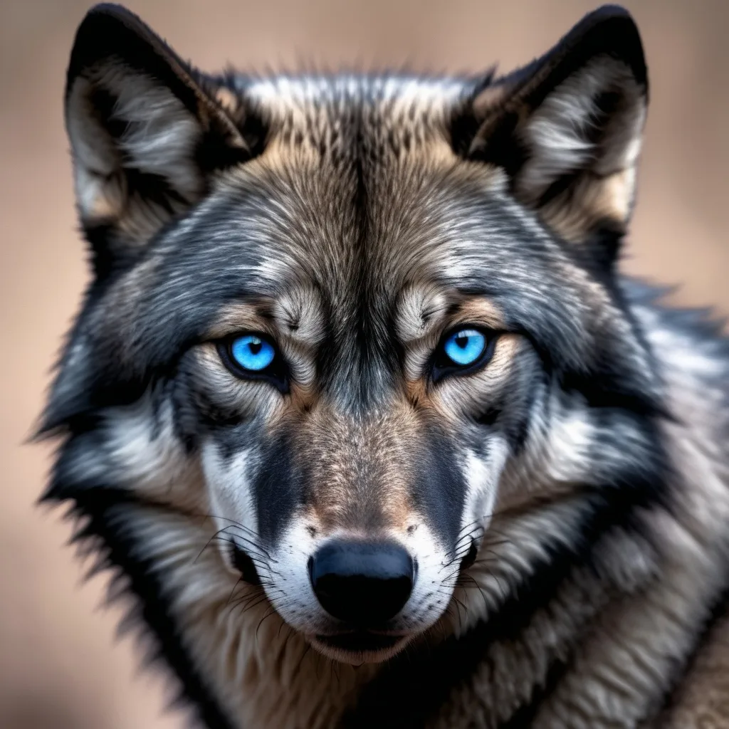 Prompt: A wolf head with a number of fur 2024 is pseudo-black blue with blue eyes of the night sky also has small pupils that are dense black like the bottom of a valley.