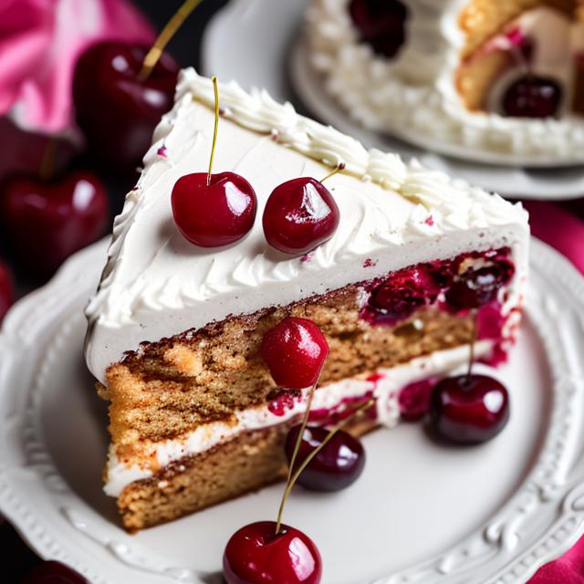 Prompt: Professional photography of a triangular piece of vanilla cake with cherry filling and vanilla glazed on top in a white plate

