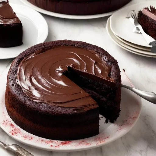 Prompt: Hipperealisitc dark chocolate cake professional photo and warm illumination


