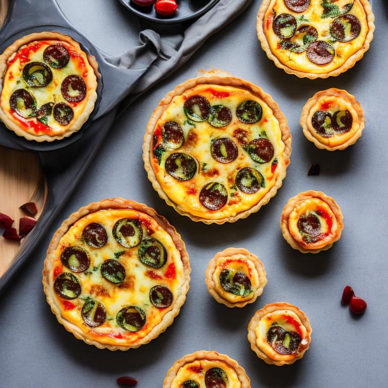 Prompt: Hipperealisitc mini pizza tarts quiches
professional photo and warm illumination


