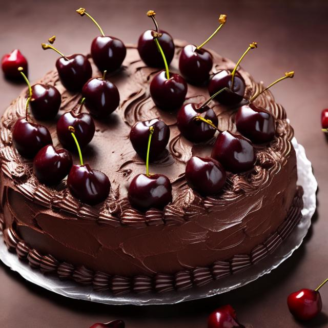 Prompt: Hipperealisitc dark chocolate cherries on top fine decoration cake professional photo and warm illumination


