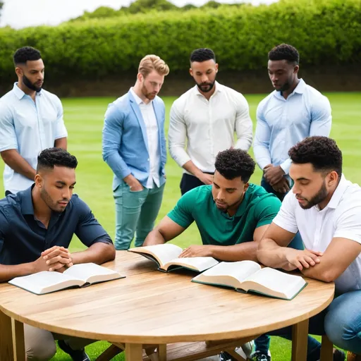 Prompt: a group of ten christian men  of mixed ethnicity (african men and british men), dressed casually, with green lawn at the background sitting round a table, praying to God and studying the Bible
