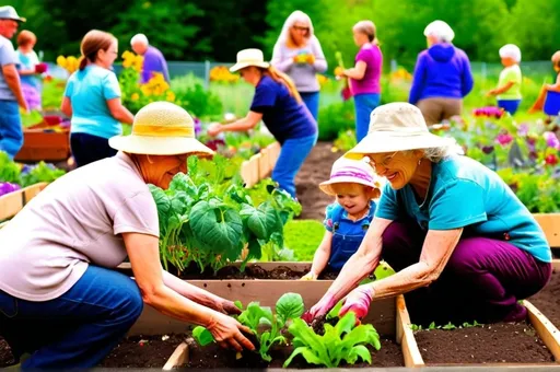 Prompt: "Capture a vibrant community garden in full bloom, with people of all ages working together to plant, water, and harvest vegetables and flowers. Show the joy on their faces as they share the fruits of their labor, emphasizing cooperation, growth, and the beauty of nature."