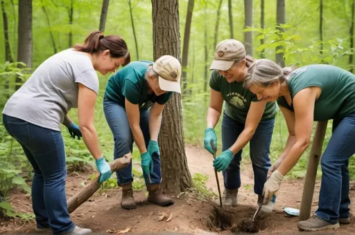 Prompt: "Show volunteers maintaining a nature trail, repairing paths, planting trees, and placing birdhouses. The diverse group of people is working together harmoniously, illustrating themes of stewardship, environmental care, and community spirit."