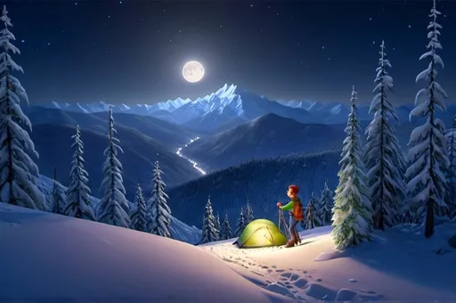 Prompt: Depict a group of adventurous climbers ascending a snowy mountain under a clear, starry night sky. The climbers, equipped with headlamps and winter gear, are making their way up a rugged, snow-covered trail, their lights casting a warm glow on the pristine snow. Surrounding the mountain is a dense, tranquil forest with tall pine trees dusted in snow, creating a serene and picturesque backdrop. In the distance, the soft light of the moon illuminates the landscape, highlighting the beauty of the surrounding nature. Capture the sense of adventure, determination, and the breathtaking beauty of the snowy mountain and forest under the magical night sky.