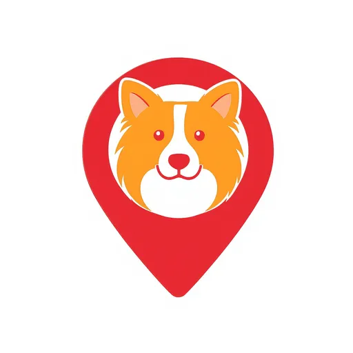 Prompt: A clean, modern symbol for a web application that helps dog owners find dog-friendly cafés and restaurants. The design should combine a map pin with the friendly face of a collie dog, minimalistic and approachable. Style inspired by European Coffee Trip and Gastromapa (simple, bold, contemporary). Use bright crimson red (#DC143C) and vibrant orange (#FF8C00) as primary colors, with white negative space for contrast. The look should feel playful yet clear, matching the friendly typeface Cooper Black. The symbol should be versatile for use as an app icon, logo mark, and rating icon. Vector-like, flat, scalable design.