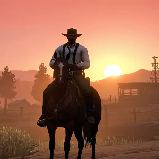 Prompt: Carl Johnson without a hat in a horse in front of red dead redemption sunset 