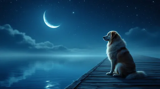 Prompt: A large dog sitting alone on a long pier, moonlit night, serene atmosphere, calm waters reflecting the silver moonlight, tranquil setting, stars twinkling in the deep blue sky, shadows cast by the moon, emotional loneliness, high detail, ultra-detailed, cinematic beauty, soothing color palette, 4K resolution.