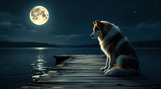 Prompt: A large dog sitting alone on a long pier, moonlit night, serene atmosphere, calm waters reflecting the silver moonlight, tranquil setting, stars twinkling in the deep blue sky, shadows cast by the moon, emotional loneliness, high detail, ultra-detailed, cinematic beauty, soothing color palette, 4K resolution.