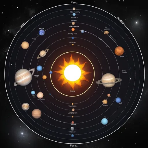 Prompt: Generate an image of the solar system with the planets positioned according to their locations on July 8, 2024. Include the Sun at the center, with Mercury, Venus, Earth, Mars, Jupiter, Saturn, Uranus, and Neptune positioned around it. Use a space-themed background with stars